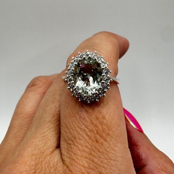 NWOT 9x12 oval cut Prasiolite w/ halo of cz diamonds in sterling silver ring! - Picture 4 of 11